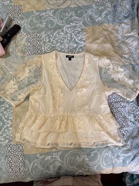 Express Cream Lace Ruffle V-Neck Blouse, USED